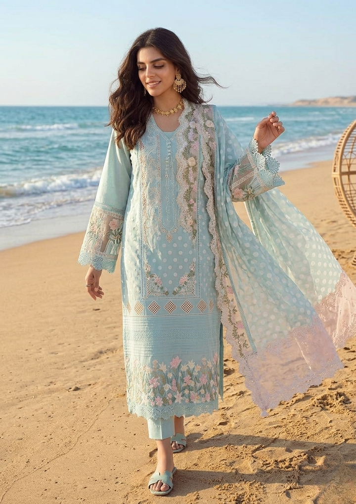 Heer Embroidery Collection  Chicken Kari Jacquard 3-Piece Suit with Embroidered Dupatta