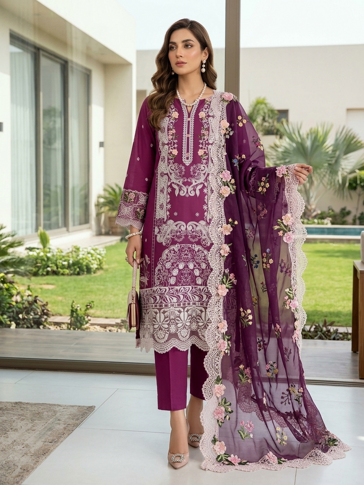ELAF Luxury Chikankari Embroidered Lawn Suit with Organza Dupatta – Unstitched Replica