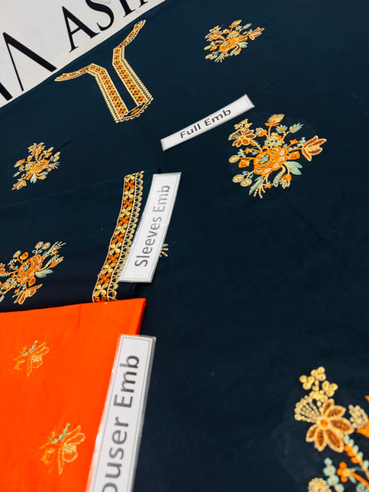 "Luxury Navy & Burnt Orange Embroidered 2-Piece Unstitched Suit | Eid & Festive Collection 2026"