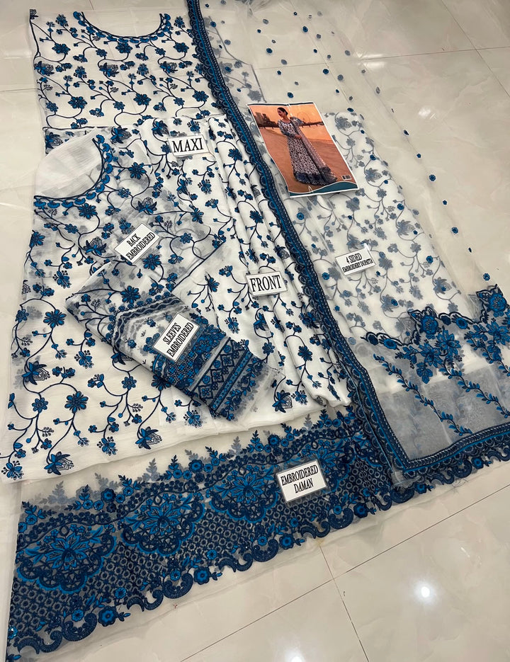 Unstitched Premium Chiffon Indian Party Wear Dress | Blue Floral Suit with Dupatta