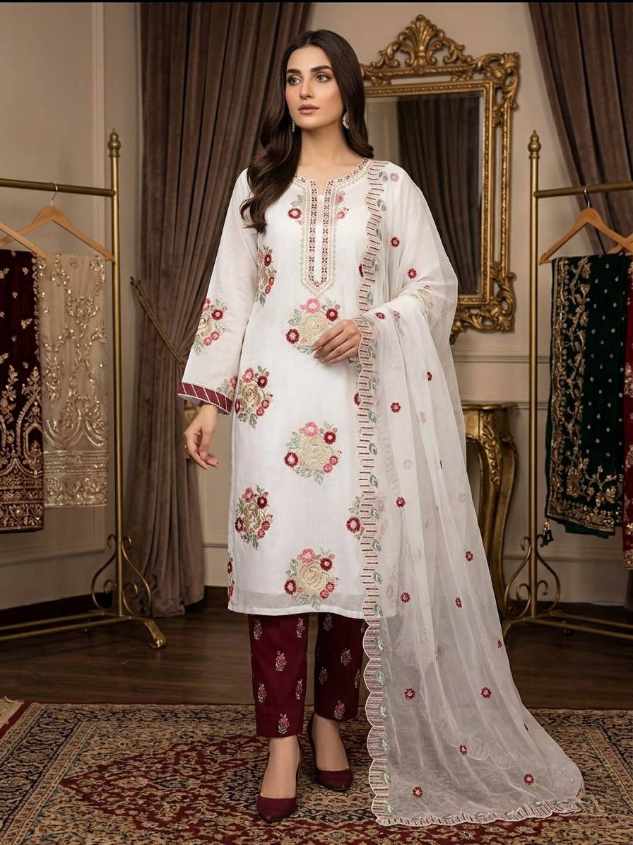 Asim Jofa Inspired 3 Piece Embroidered Lawn Suit – White & Maroon