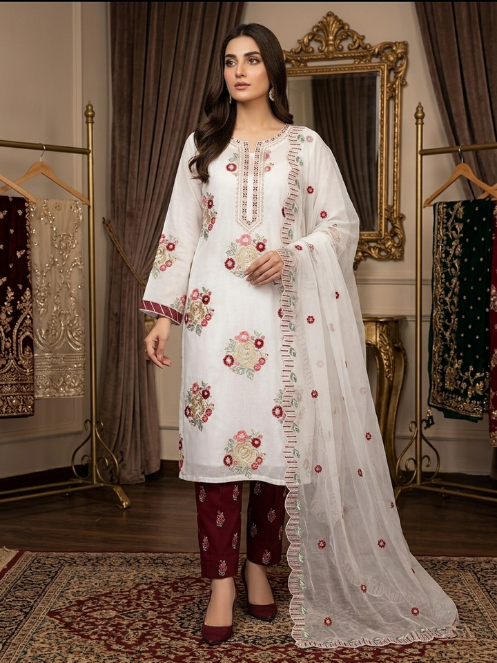 Asim Jofa Inspired 3 Piece Embroidered Lawn Suit – White & Maroon