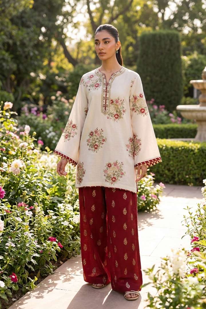 Asim Jofa Inspired 2 Piece Embroidered Lawn Suit – White & Maroon