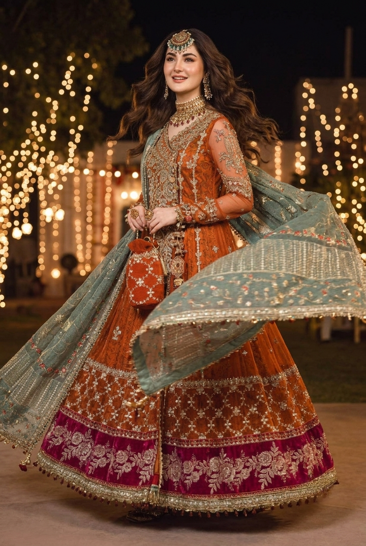 Maria.B Inspired Rust Orange Heavy Embroidered 3-Piece Unstitched Bridal Suit | Teal Dupatta | Magenta Velvet Border | Wedding Collection