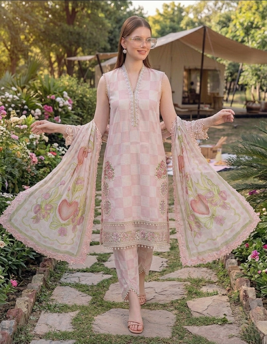Maria.B M.Prints  Checkered Printed Lawn 3-Piece Suit with Embroidered Details
