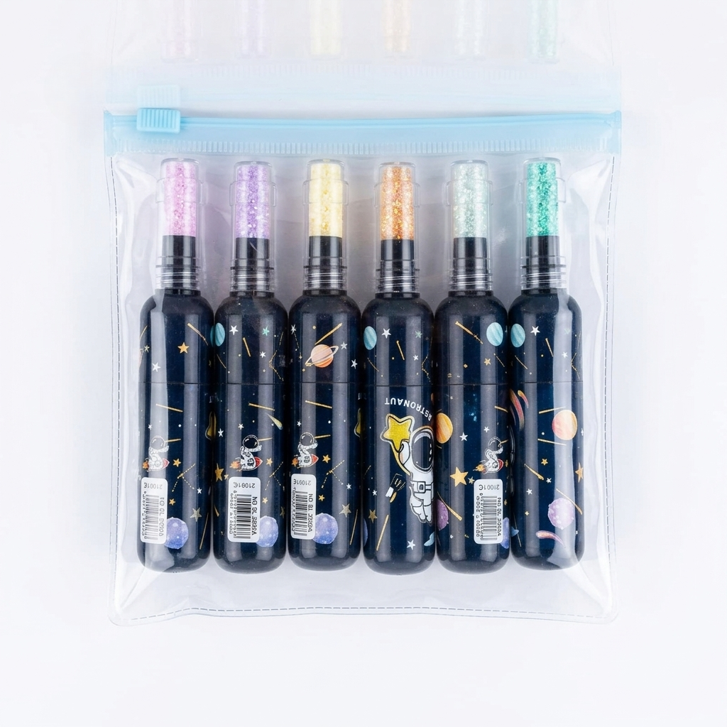Astronaut Space Glitter Highlighter Set — 6 Colors Shimmer Ink | Galaxy Theme Kawaii Stationery for Kids & Students