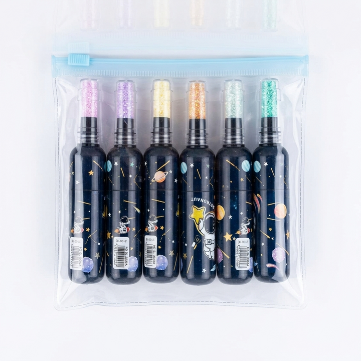 Astronaut Space Glitter Highlighter Set — 6 Colors Shimmer Ink | Galaxy Theme Kawaii Stationery for Kids & Students