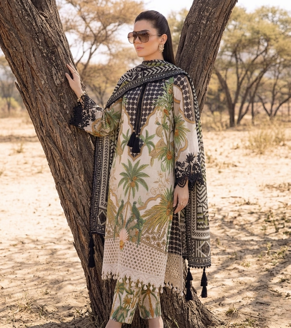 Maria.B M.Prints Tropical Palm Tree Embroidered Printed Lawn 3-Piece Suit