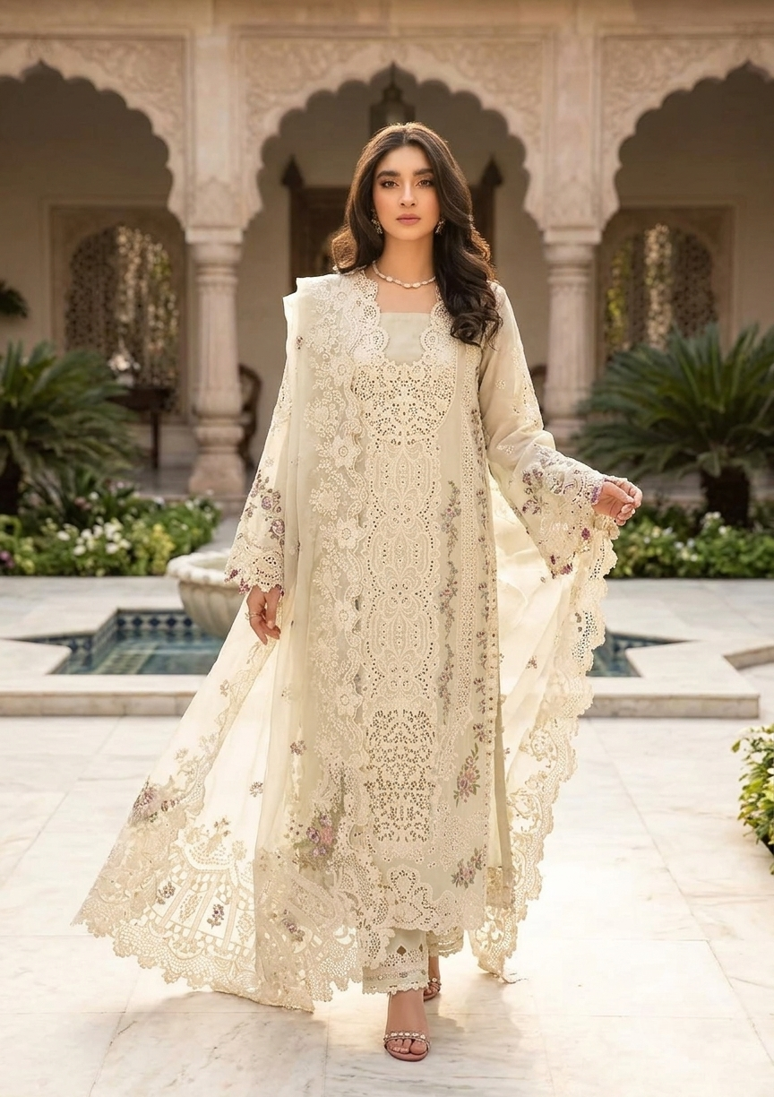ELAF Luxury Embroidered Unstitched 3 Piece Cotton Suit with Embroidered Chiffon Dupatta – Ivory | Designer Replica