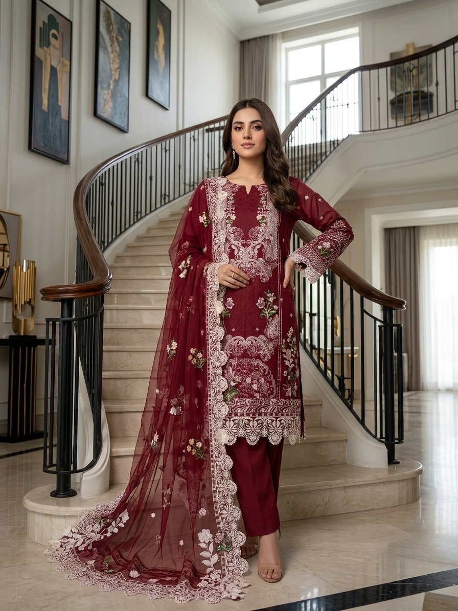 ELAF Luxury Chikankari Embroidered Lawn Suit with Organza Dupatta – Unstitched Replica