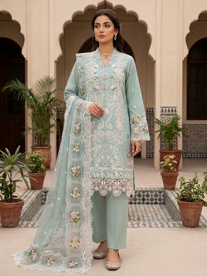 ELAF Luxury Chikankari Embroidered Lawn Suit with Organza Dupatta – Unstitched Replica