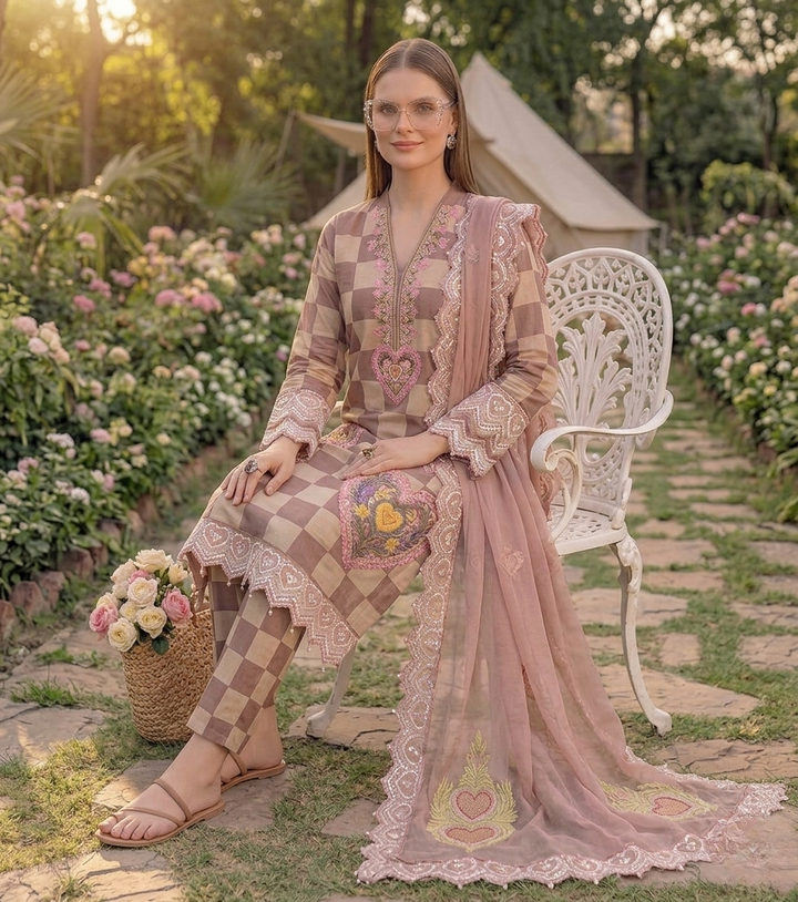 Maria.B M.Prints Checkered Lawn 3-Piece Suit with Heart Embroidery Patches & Embroidered Dupatta