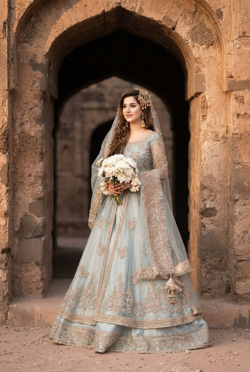 Kashee's Inspired Ice Blue Heavy Embroidered 3-Piece Unstitched Bridal Suit | Antique Gold Zardozi Net Fabric | Wedding Collection