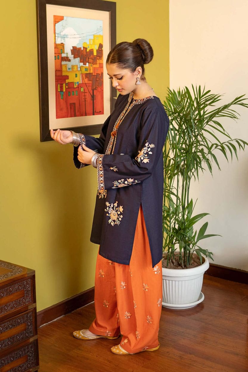 "Luxury Navy & Burnt Orange Embroidered 2-Piece Unstitched Suit | Eid & Festive Collection 2026"