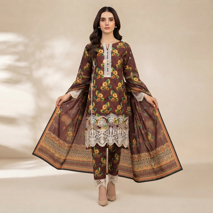 Bin Saeed Printed 3 Piece Unstitched Lawn Suit for Women