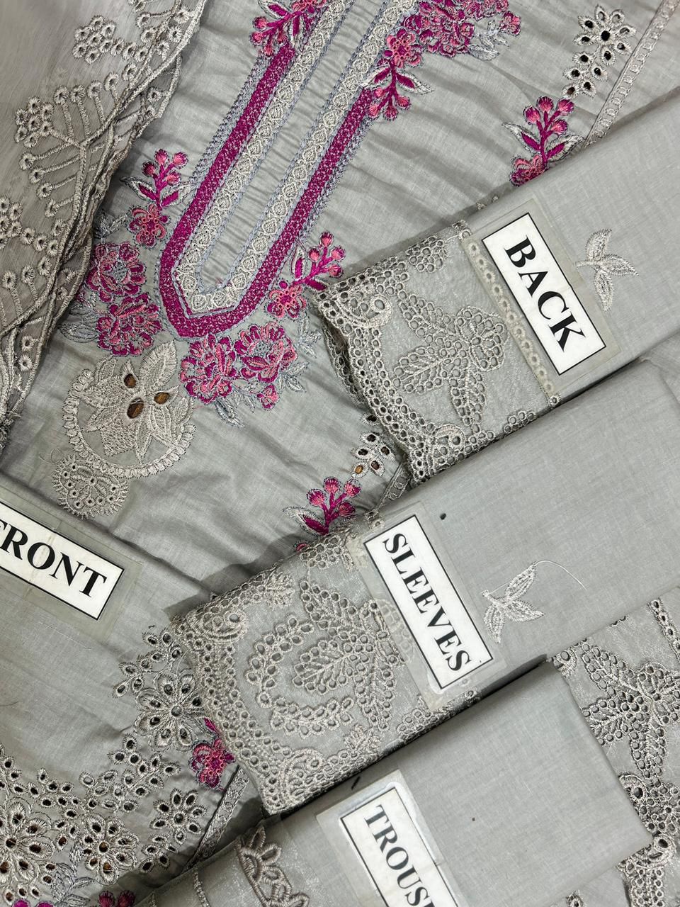 Luxury Grey 3 Piece Embroidered Lawn Suit – Cutwork & Floral Embroidery
