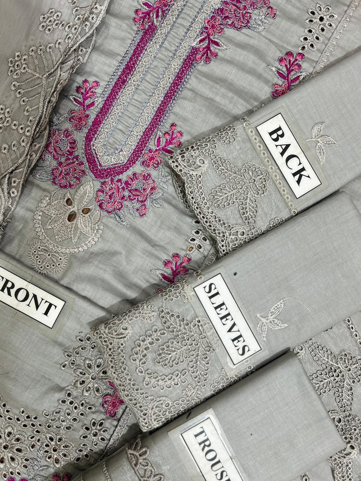 Luxury Grey 3 Piece Embroidered Lawn Suit – Cutwork & Floral Embroidery