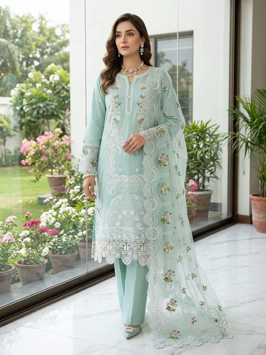 ELAF Luxury Chikankari Embroidered Lawn Suit with Organza Dupatta – Unstitched Replica