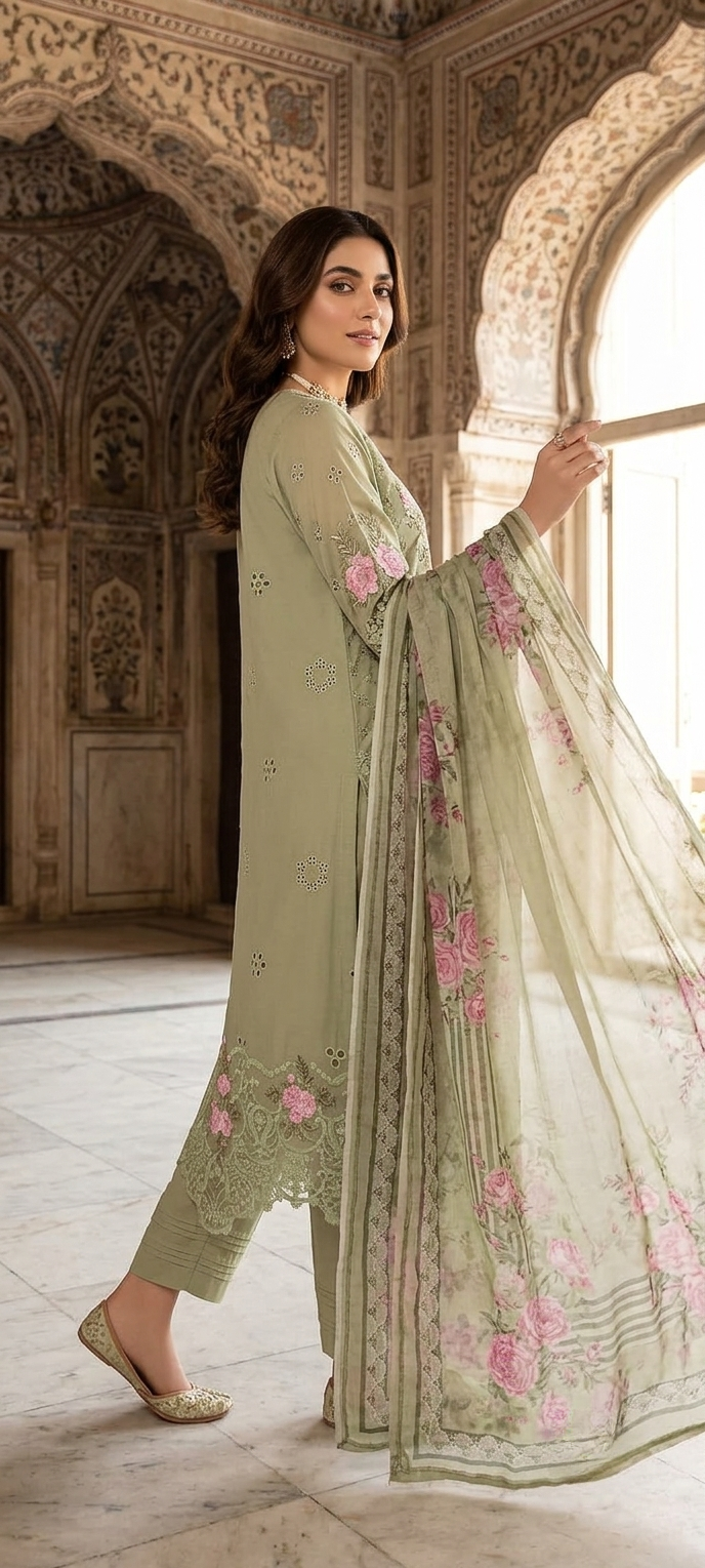 NOOR Luxury Embroidered Lawn Unstitched 3 Piece Suit with Printed Chiffon Dupatta – Sage Green | Pakistani Designer Replica