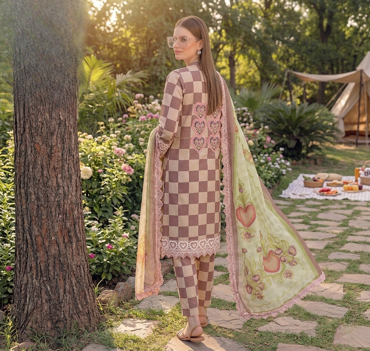 Maria.B M.Prints Checkered Lawn 3-Piece Suit with Heart Embroidery Patches & Embroidered Dupatta