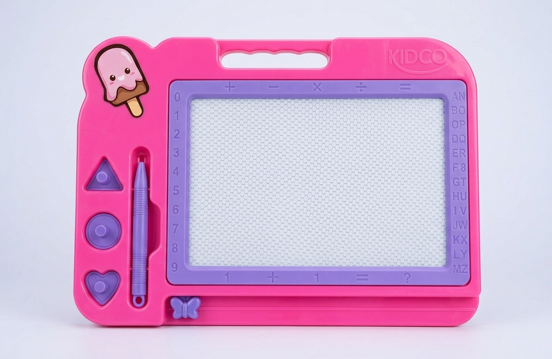 KIDCO Magnetic Drawing Board for Kids — Pink Doodle Pad with Stylus, Shape Stamps, Numbers & Alphabet | Educational Drawing Toy