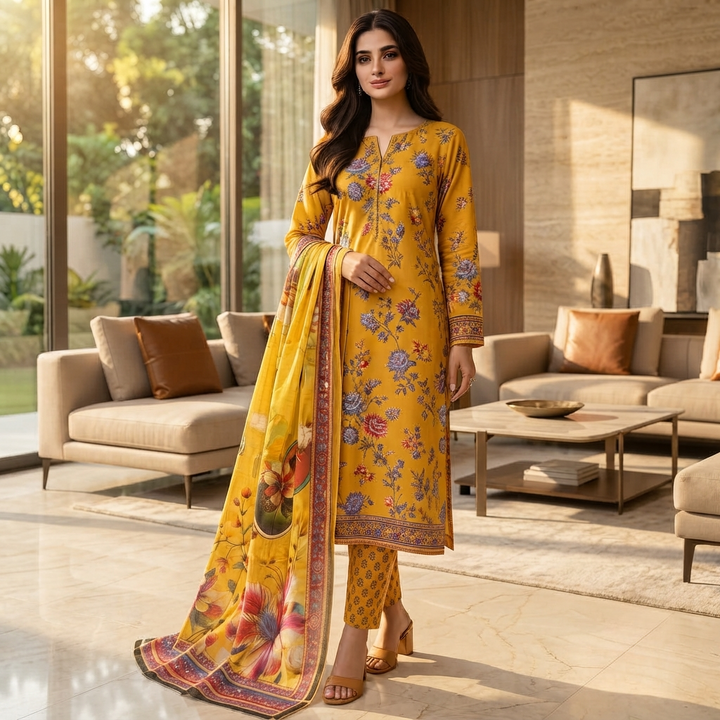 Bin Saeed Printed 3 Piece Unstitched Lawn Suit for Women