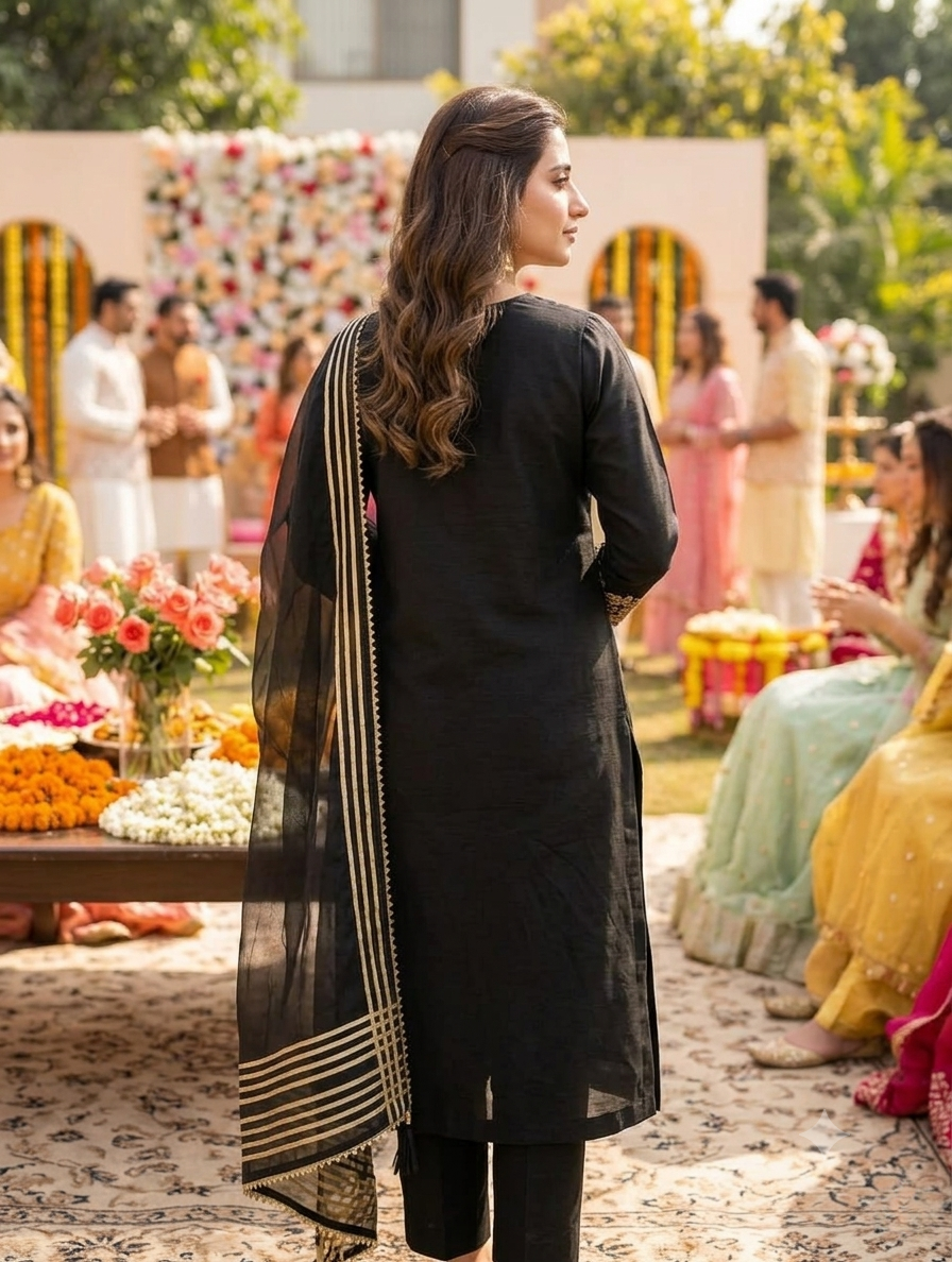ANAYA-B Unstitched Black Cotton Silk Suit with Organza Dupatta & Matching Embroidered Potli |  Premium Embroidered Women's Festive Wear
