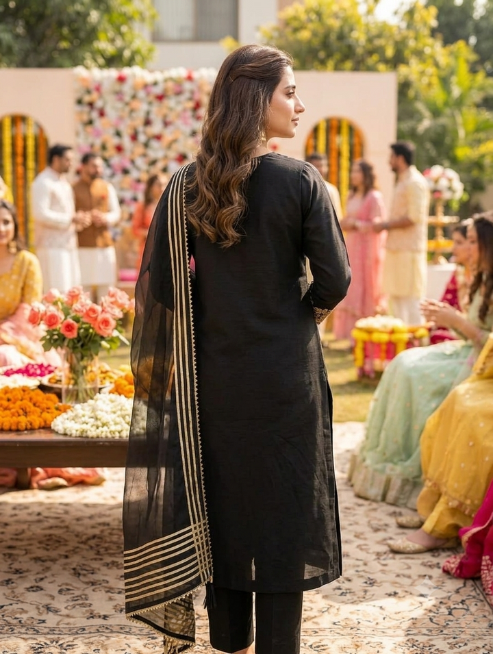 ANAYA-B Unstitched Black Cotton Silk Suit with Organza Dupatta & Matching Embroidered Potli |  Premium Embroidered Women's Festive Wear