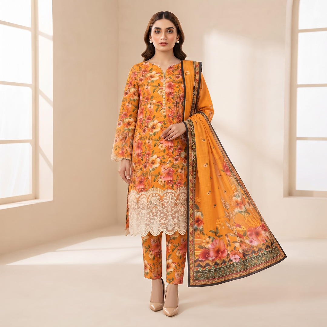 Bin Saeed Printed 3 Piece Unstitched Lawn Suit for Women