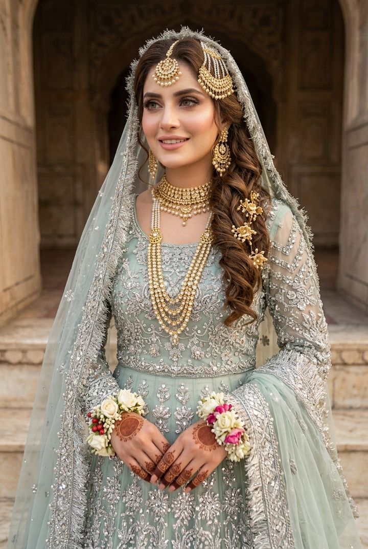 Kashee's Inspired Mint Green Heavy Embroidered 3-Piece Unstitched Bridal Suit | Silver Zardozi Net Fabric | Wedding Collection