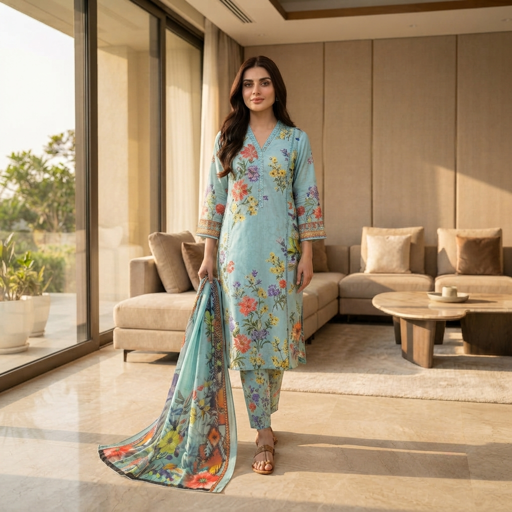 Bin Saeed Printed 3 Piece Unstitched Lawn Suit for Women