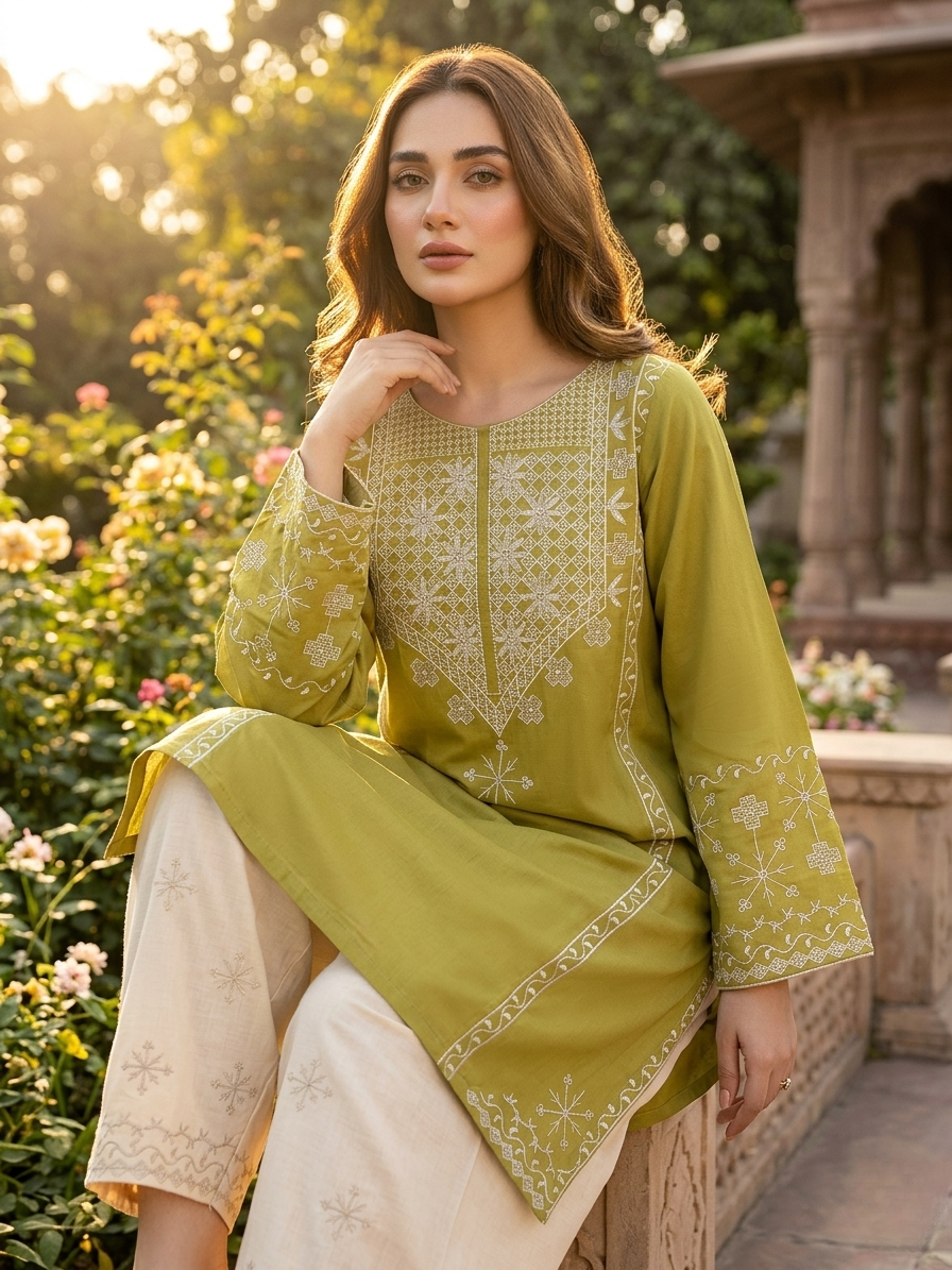 Mushq Inspired 2 Piece Embroidered Lawn Suit – Olive Green & Off White