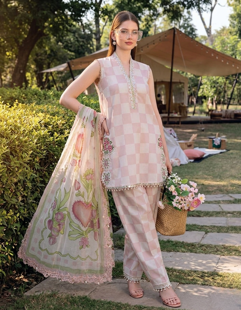 Maria.B M.Prints  Checkered Printed Lawn 3-Piece Suit with Embroidered Details