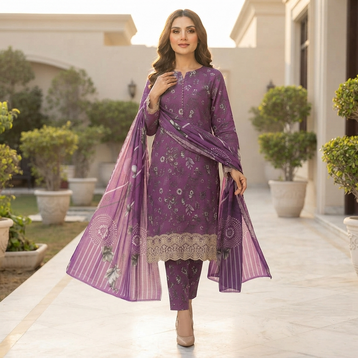 Bin Saeed Printed 3 Piece Unstitched Lawn Suit for Women