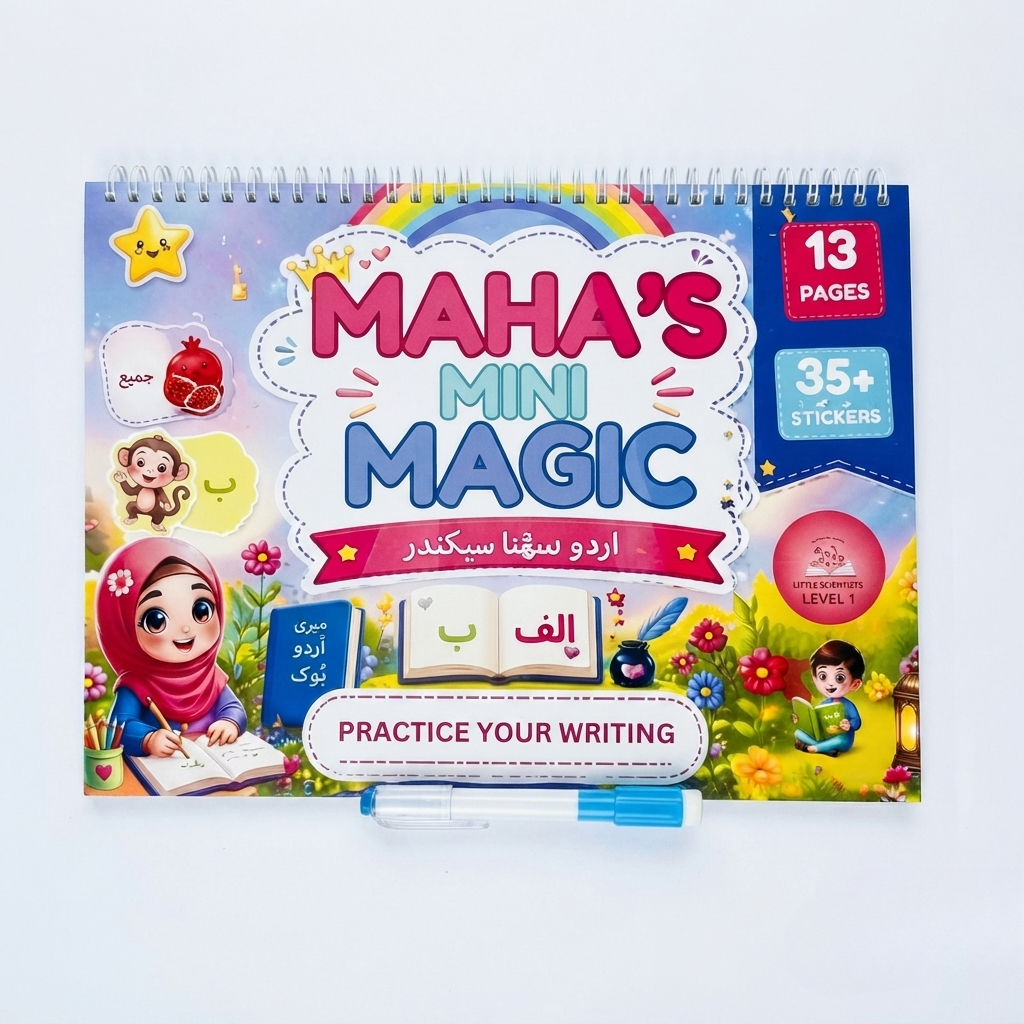 Maha's Mini Magic Learning Book — 13 Lessons & 35+ Activities | Urdu Arabic Reusable Write & Wipe Workbook for Kids