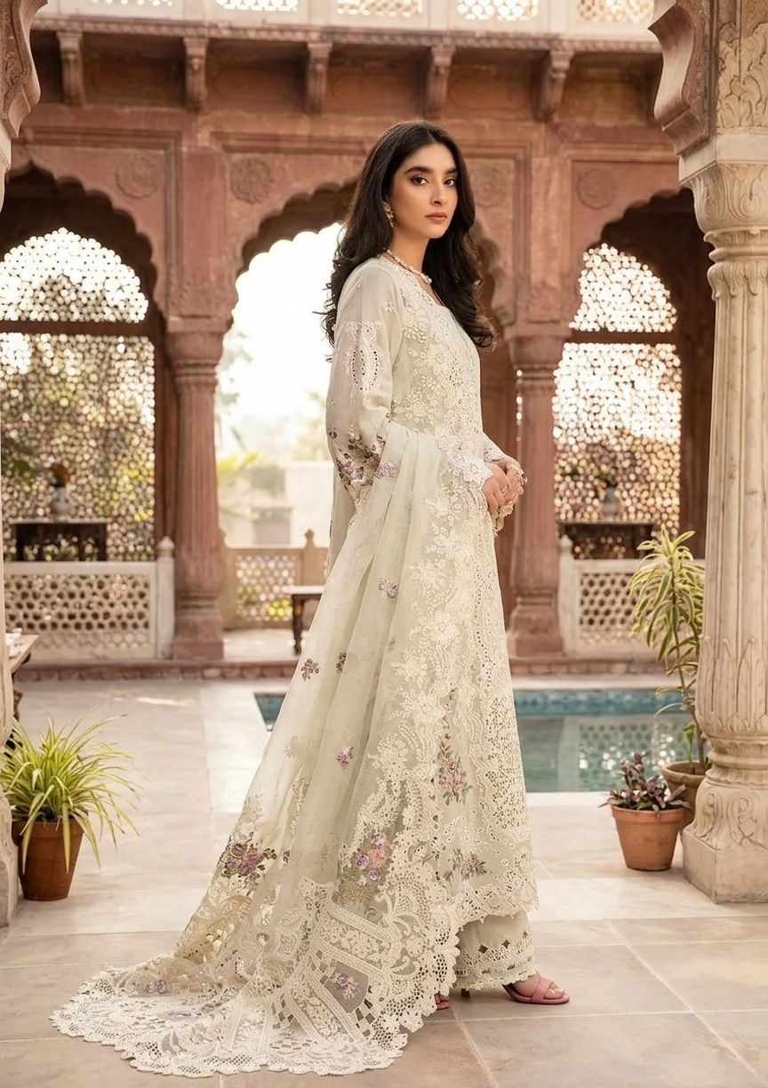 ELAF Luxury Embroidered Unstitched 3 Piece Cotton Suit with Embroidered Chiffon Dupatta – Ivory | Designer Replica