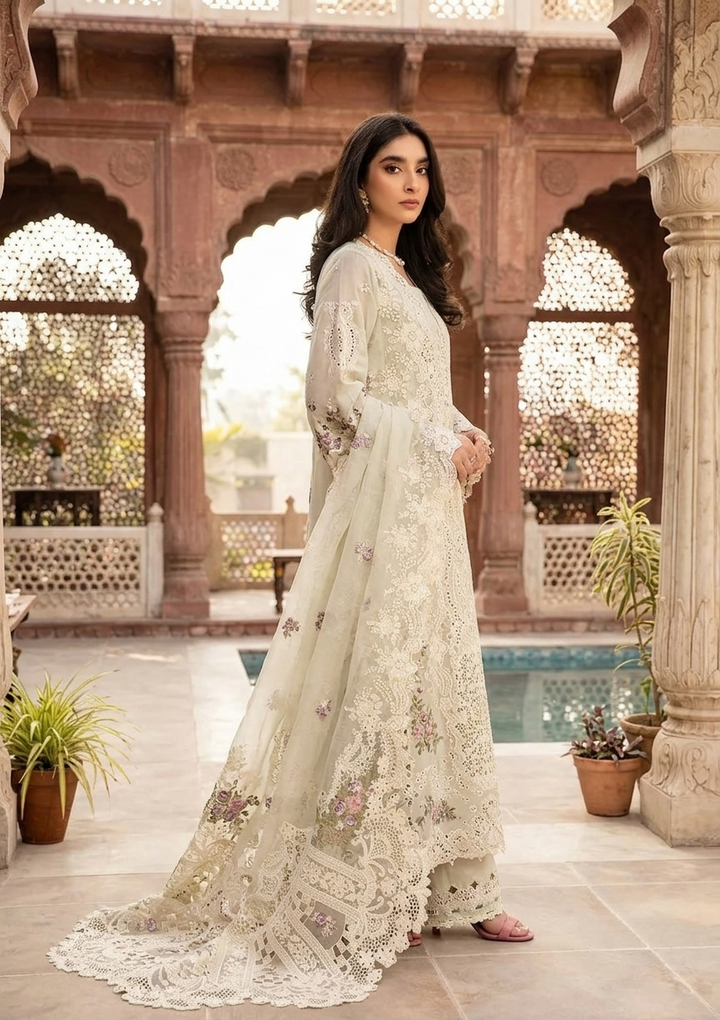 ELAF Luxury Embroidered Unstitched 3 Piece Cotton Suit with Embroidered Chiffon Dupatta – Ivory | Designer Replica