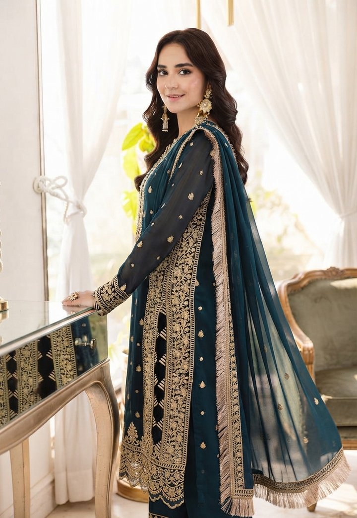 ASIM JOFA Luxury Embroidered Chiffon Unstitched Suit with Malai Trouser – Deep Teal | Women's Formal Wear