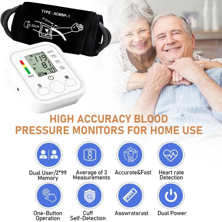 Automatic Arm Blood Pressure Monitor with Digital LCD Display, USB Rechargeable BP Machine with Cuff, Home Health Care Device for Heart Rate & Pulse