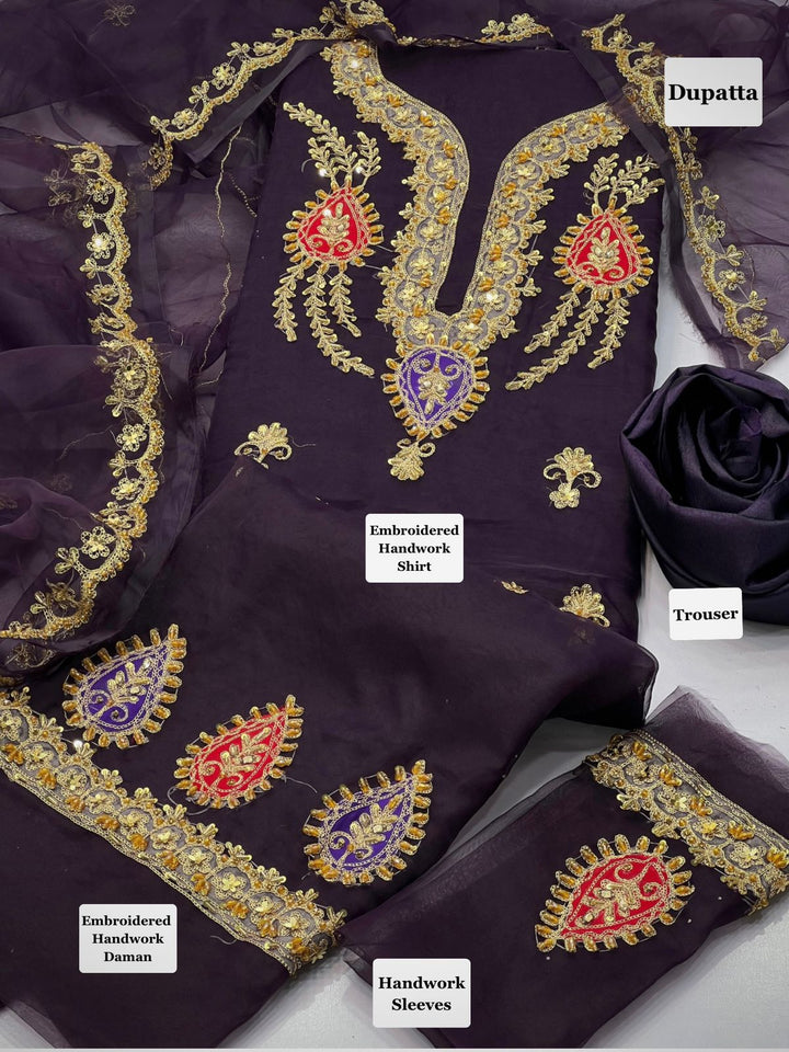 ANAYA-B Embroidery Collection Unstitched Purple Organza Embroidered Suit with Organza Dupatta | Silk Trouser