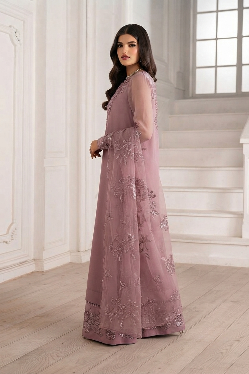 IZNIK Luxury Chiffon Embroidered Unstitched Suit with Organza Dupatta & Malai Trouser – Dusty Mauve | Women's Formal Wear