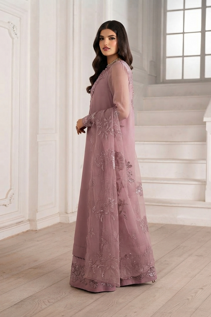 IZNIK Luxury Chiffon Embroidered Unstitched Suit with Organza Dupatta & Malai Trouser – Dusty Mauve | Women's Formal Wear