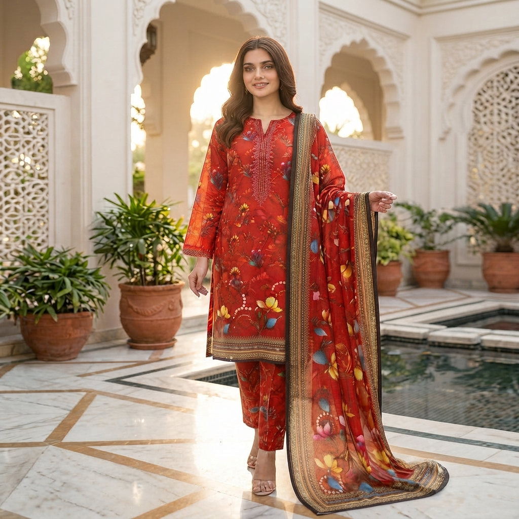 Bin Saeed Printed 3 Piece Unstitched Lawn Suit for Women