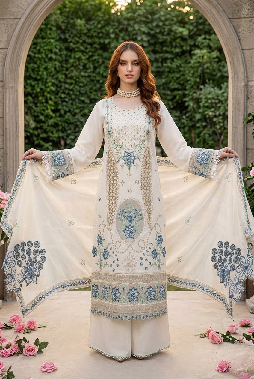 MAHNUR | Pearl Bloom – Ivory Embroidered Lawn 3-Piece Suit with Blue Floral Threadwork & Cutwork Details
