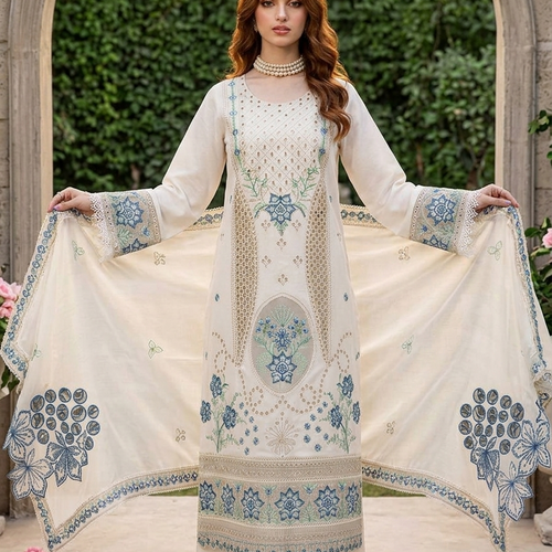 MAHNUR | Pearl Bloom – Ivory Embroidered Lawn 3-Piece Suit with Blue Floral Threadwork & Cutwork Details