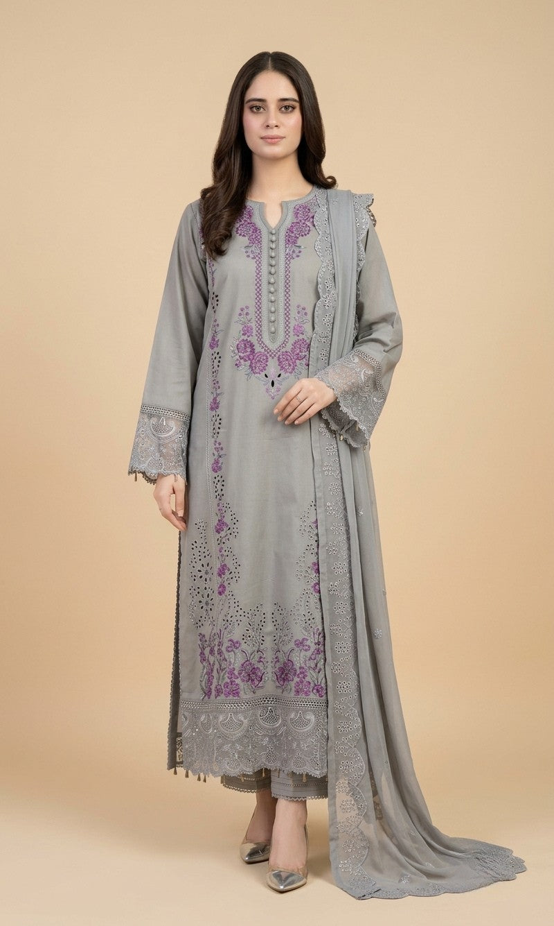 Luxury Grey 3 Piece Embroidered Lawn Suit – Cutwork & Floral Embroidery