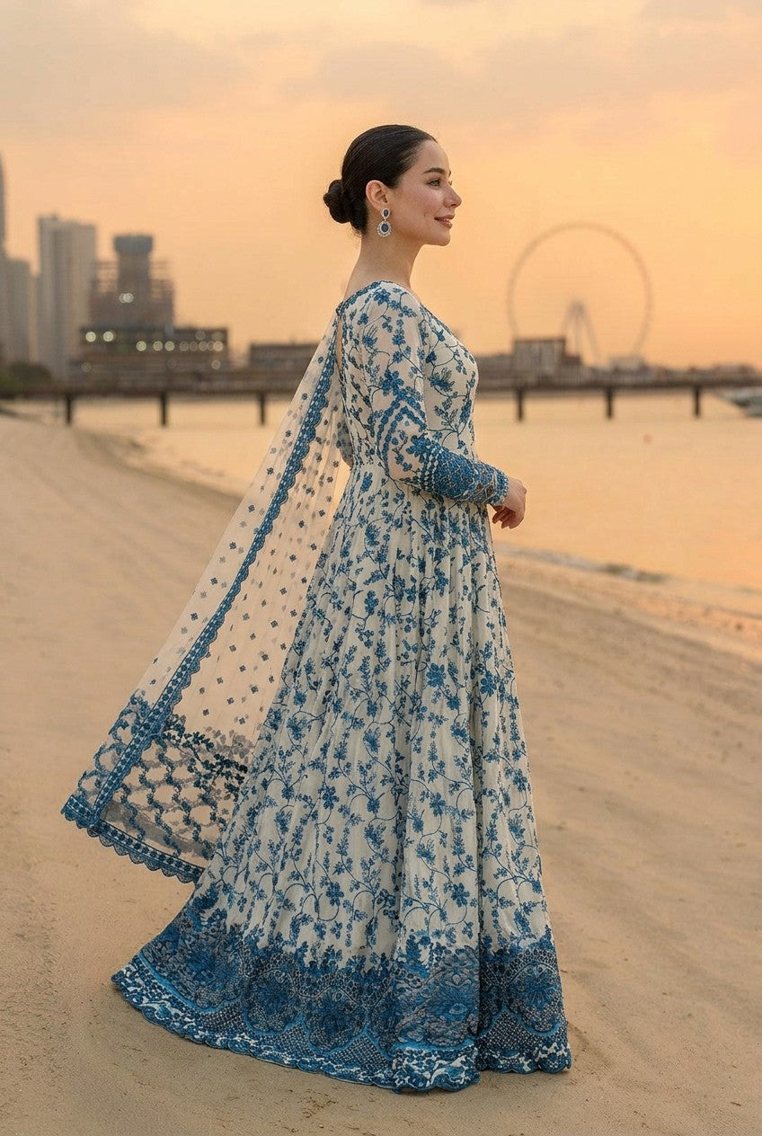 Unstitched Premium Chiffon Indian Party Wear Dress | Blue Floral Suit with Dupatta