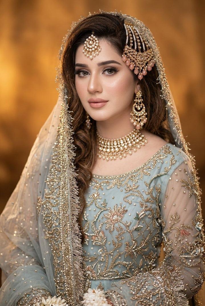 Kashee's Inspired Ice Blue Heavy Embroidered 3-Piece Unstitched Bridal Suit | Antique Gold Zardozi Net Fabric | Wedding Collection