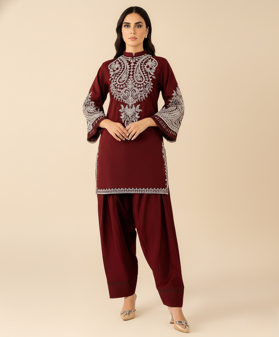 MARIA.B. Maroon Embroidered Ladies Lawn Suit 2 PC – Elegant Pakistani Summer Wear