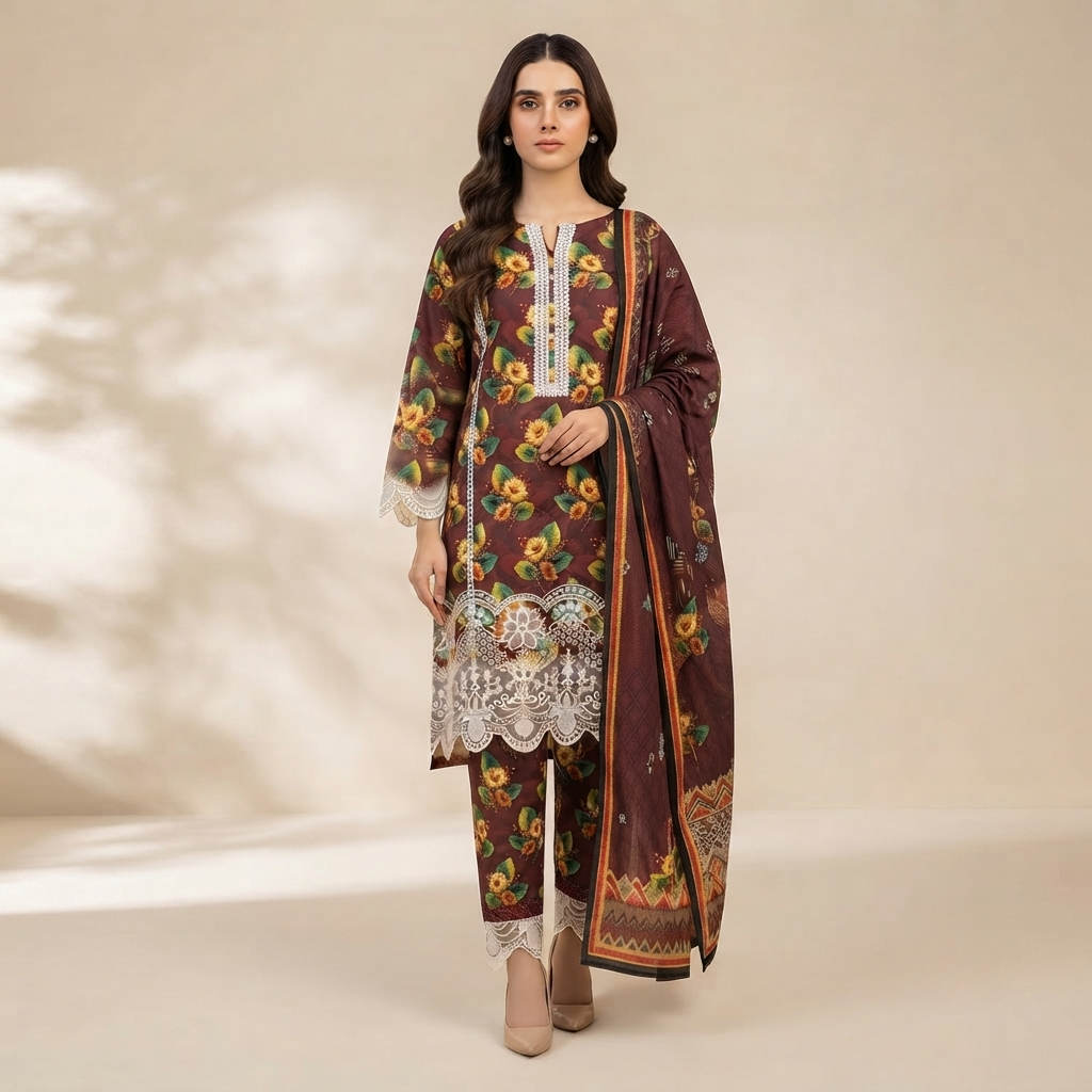 Bin Saeed Printed 3 Piece Unstitched Lawn Suit for Women
